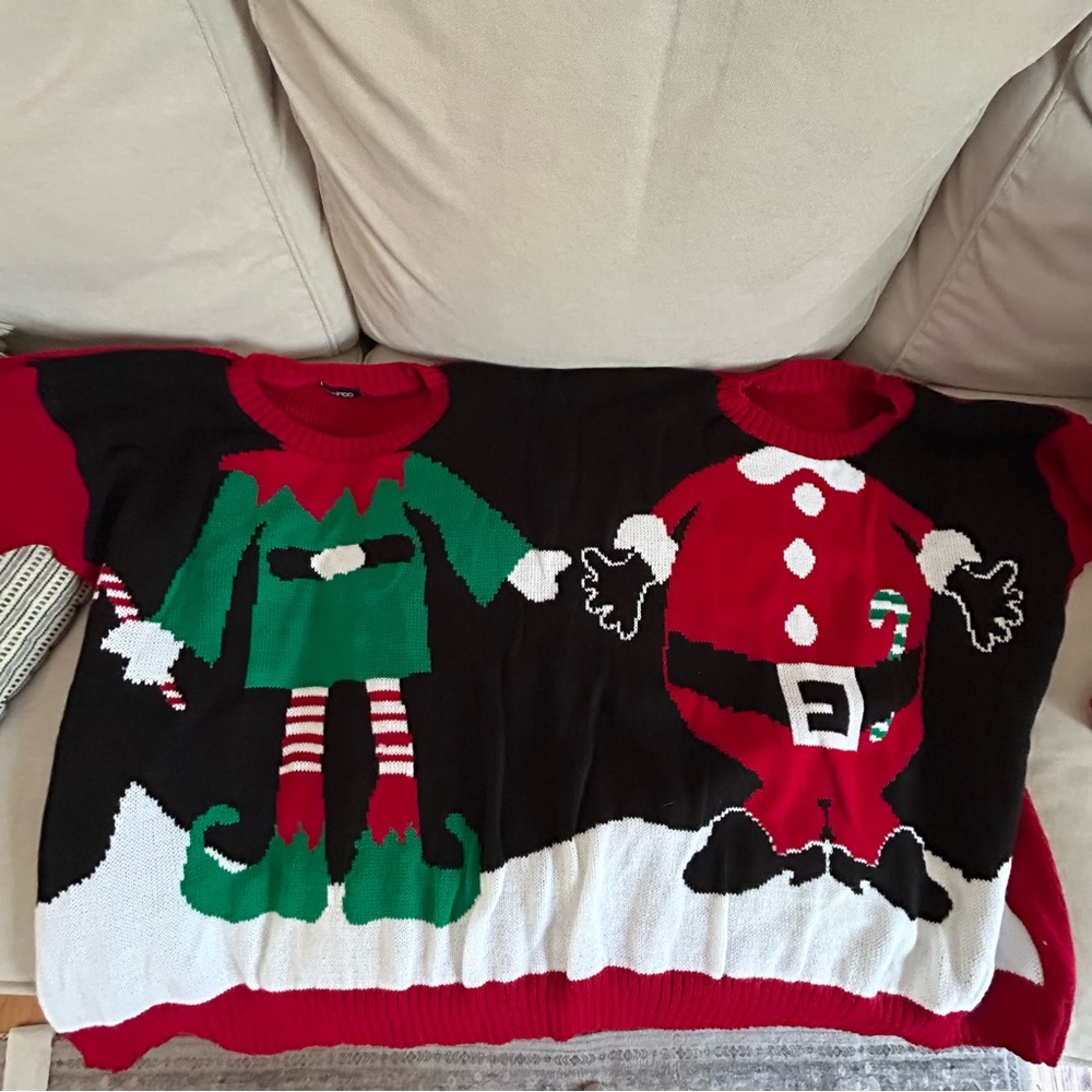 Festive two person Christmas Sweater with Elf and Santa Design